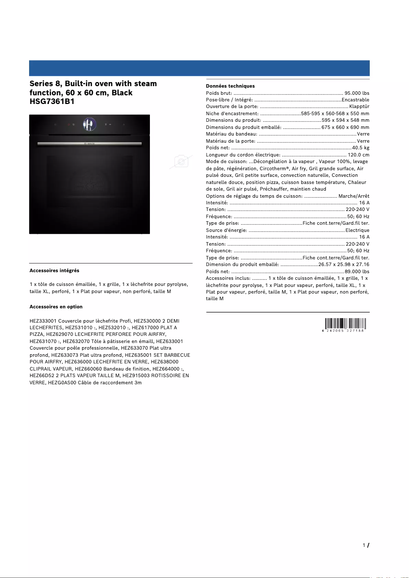 Page 1 de la notice Fiche technique Bosch HSG7361B1