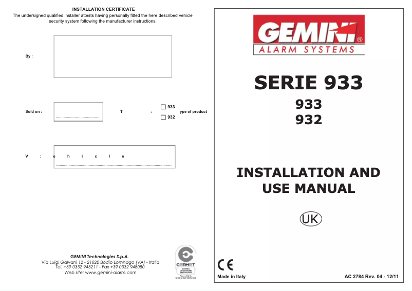 Page 1 de la notice Manuel utilisateur Gemini 933