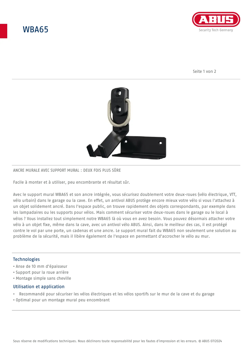 Page 1 de la notice Fiche technique Abus WBA65