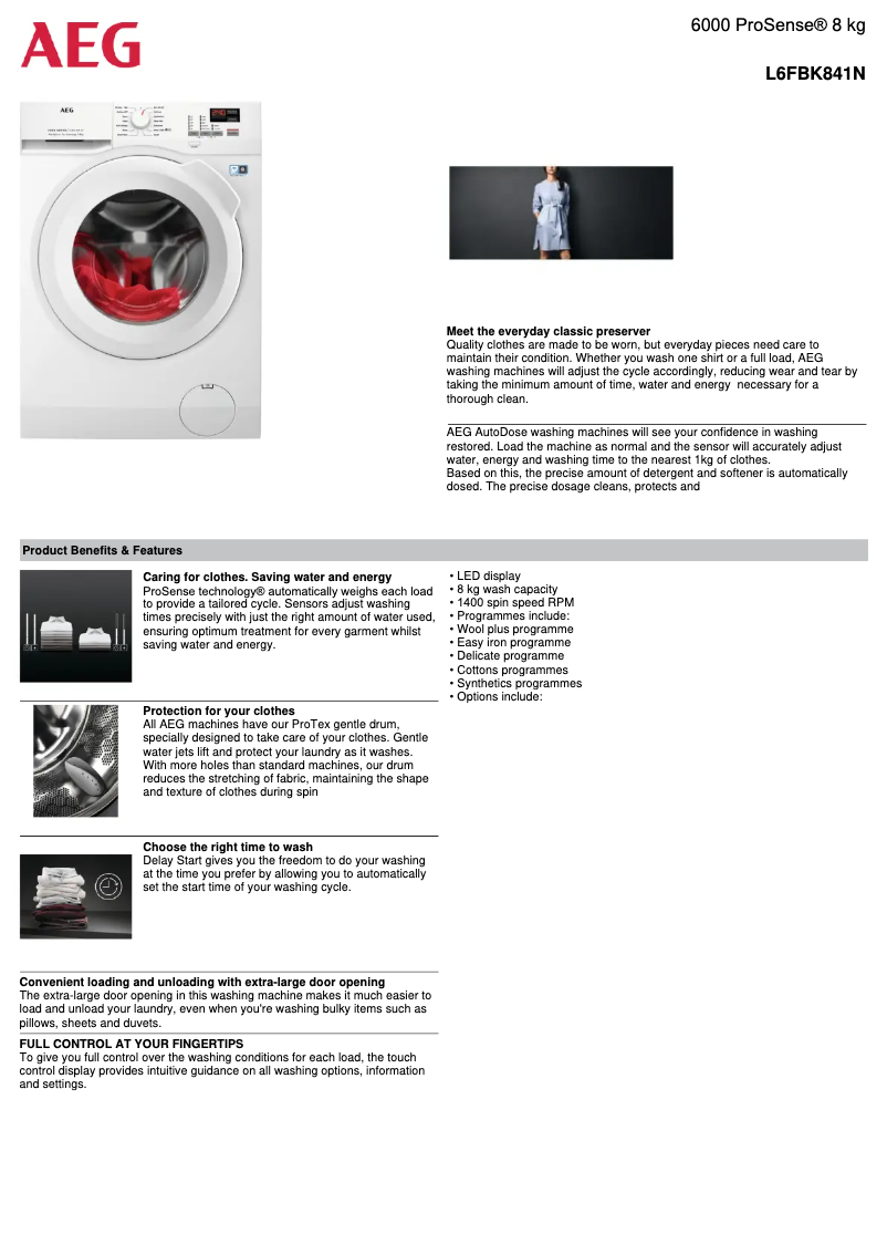 Página 1 del manual Ficha técnica AEG L6FBK841N