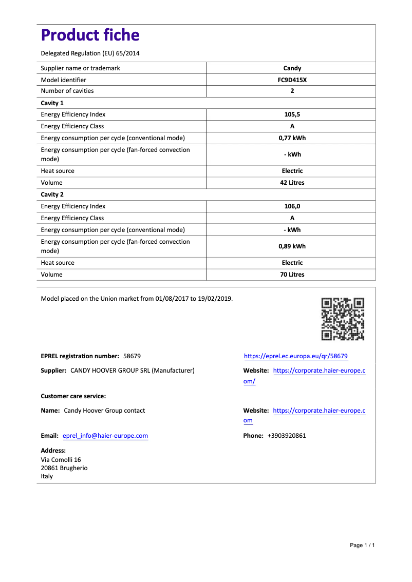 Page 1 de la notice Manuel utilisateur Candy FC9D415X