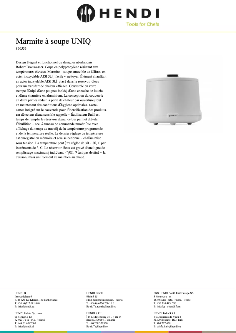 Page 1 de la notice Fiche technique Hendi 860540
