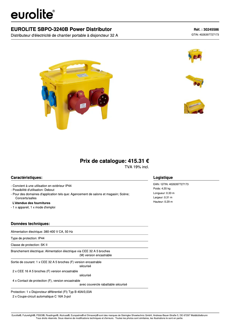 Page 1 de la notice Fiche technique Eurolite SBPO-3240B
