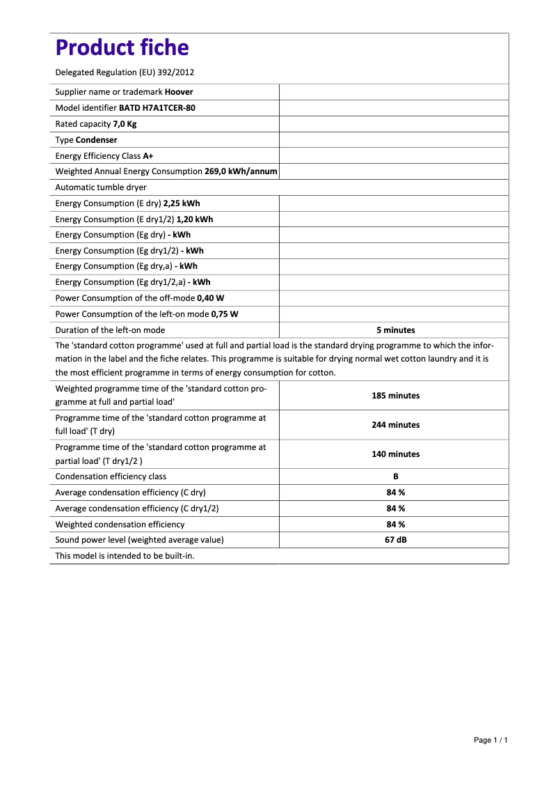 Page n°1 - Fiche technique Hoover BATD H7A1TCER-80