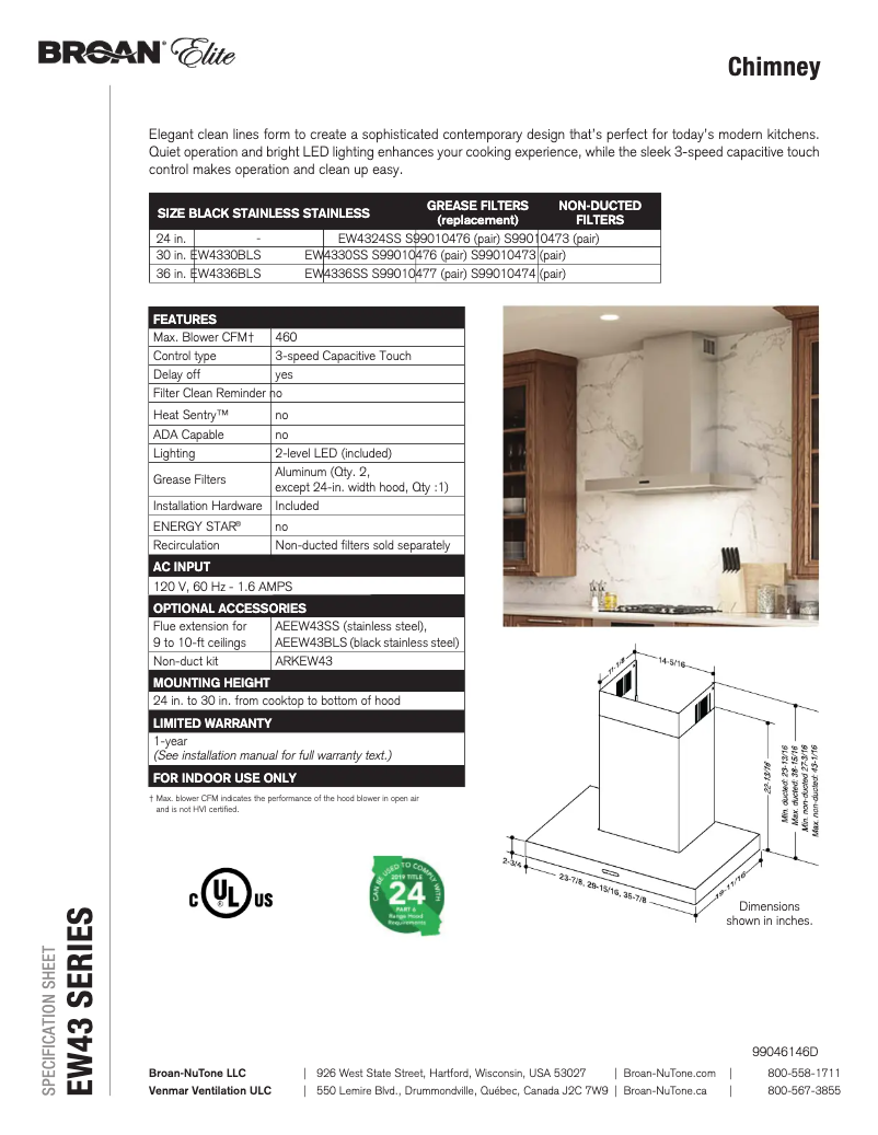 Page 1 de la notice Fiche technique Broan EW4324SS