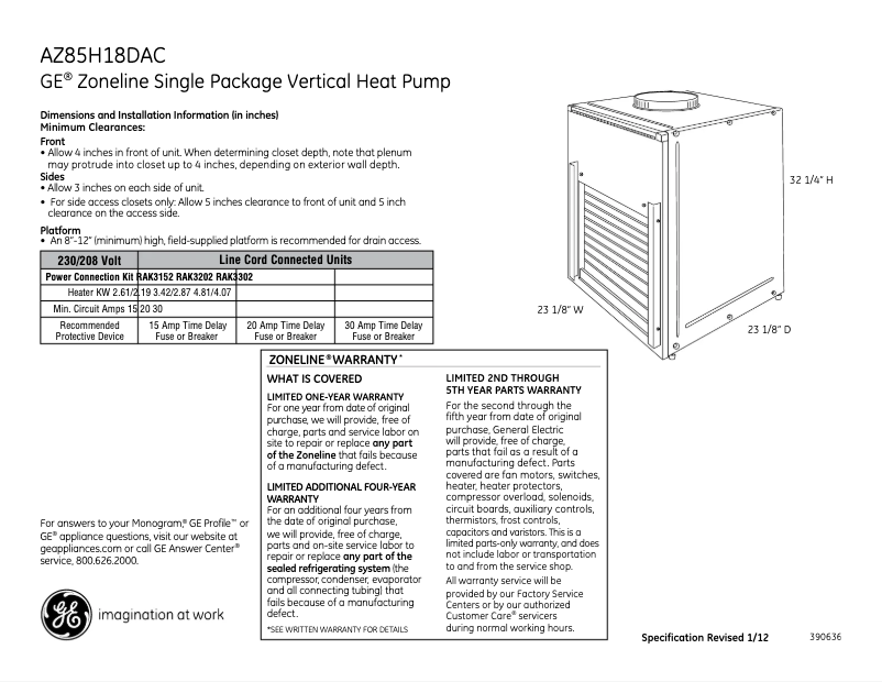 Page 1 de la notice Fiche technique GE AZ85H18DAC Zoneline