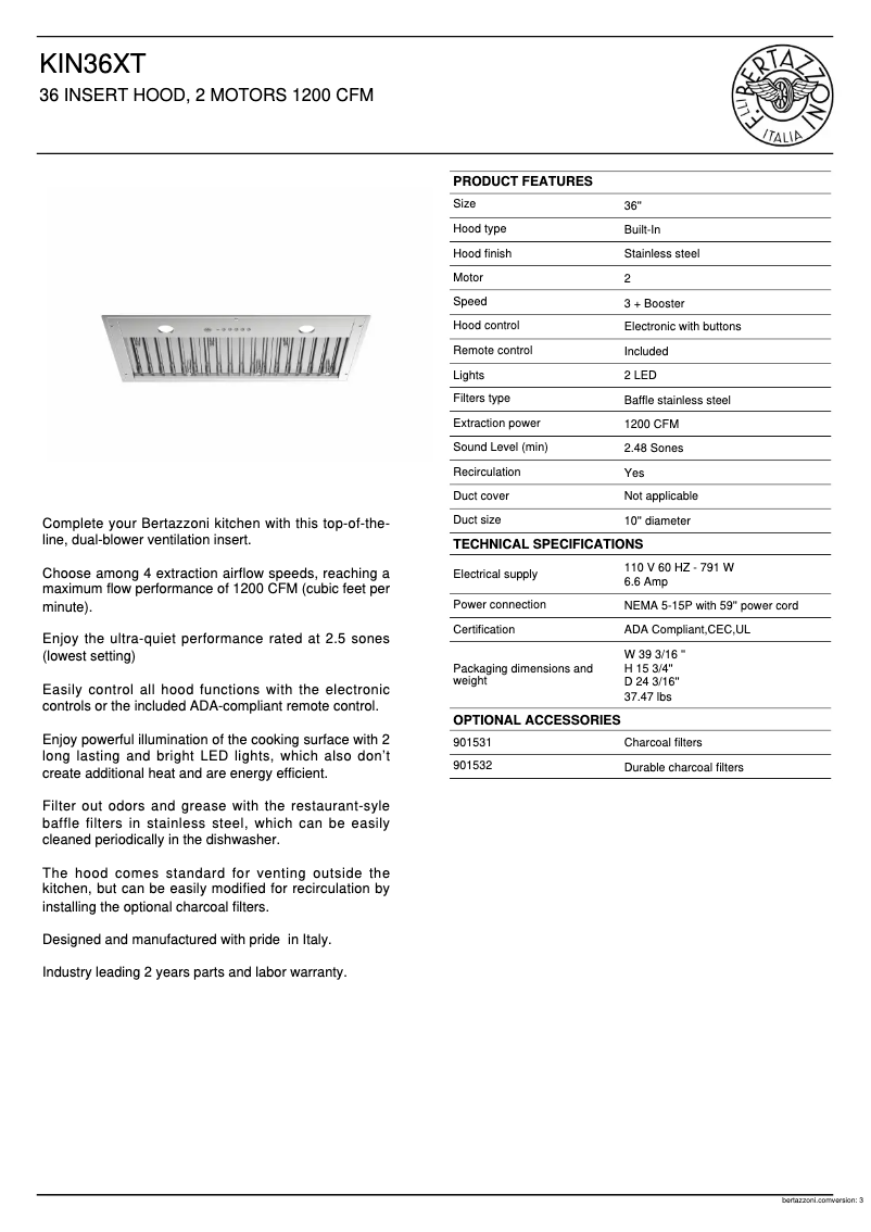 Page 1 de la notice Fiche technique Bertazzoni KIN36XT