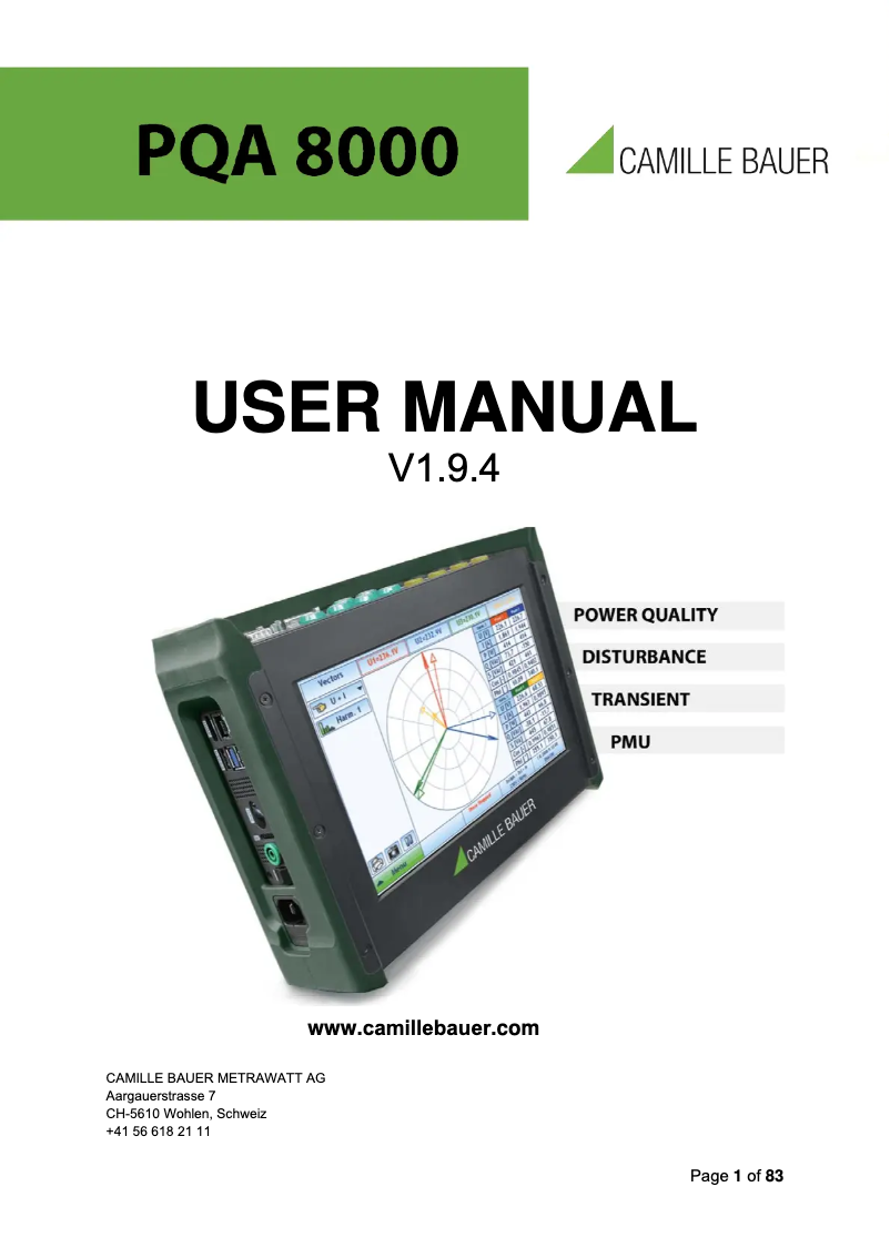 Page 1 de la notice Manuel utilisateur Camille Bauer PQA8000