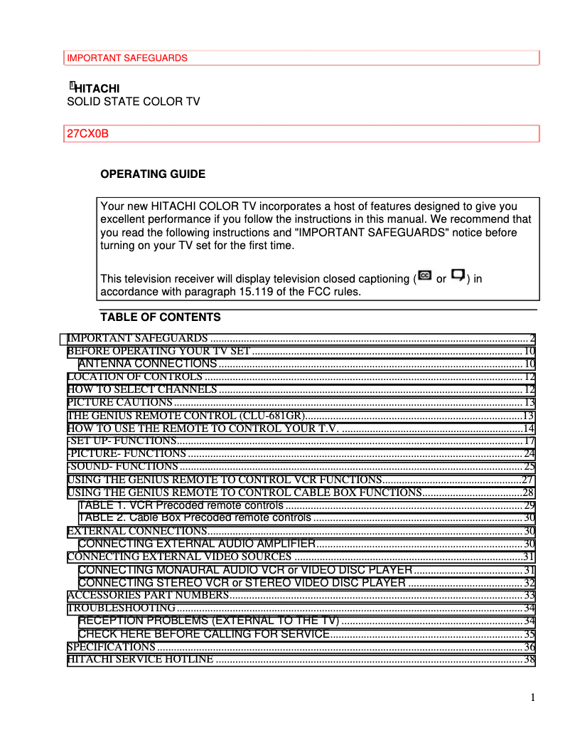 Page 1 de la notice Manuel utilisateur Hitachi 27CX0B
