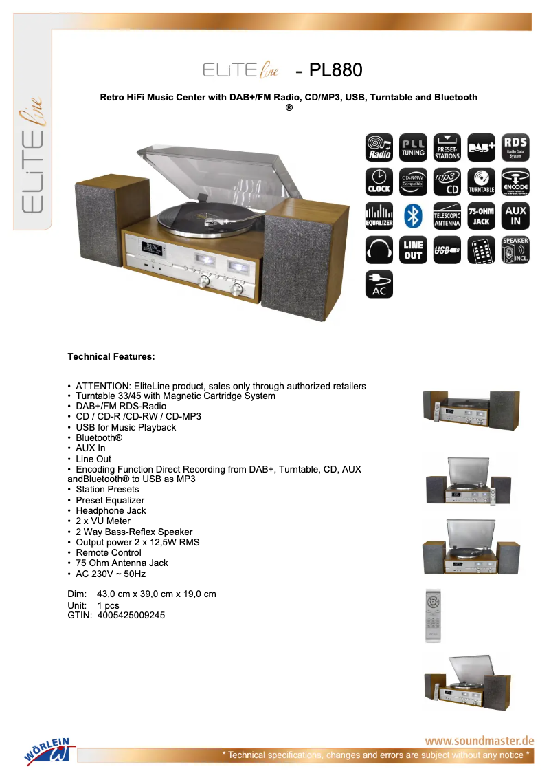 Page 1 de la notice Fiche technique Soundmaster PL880