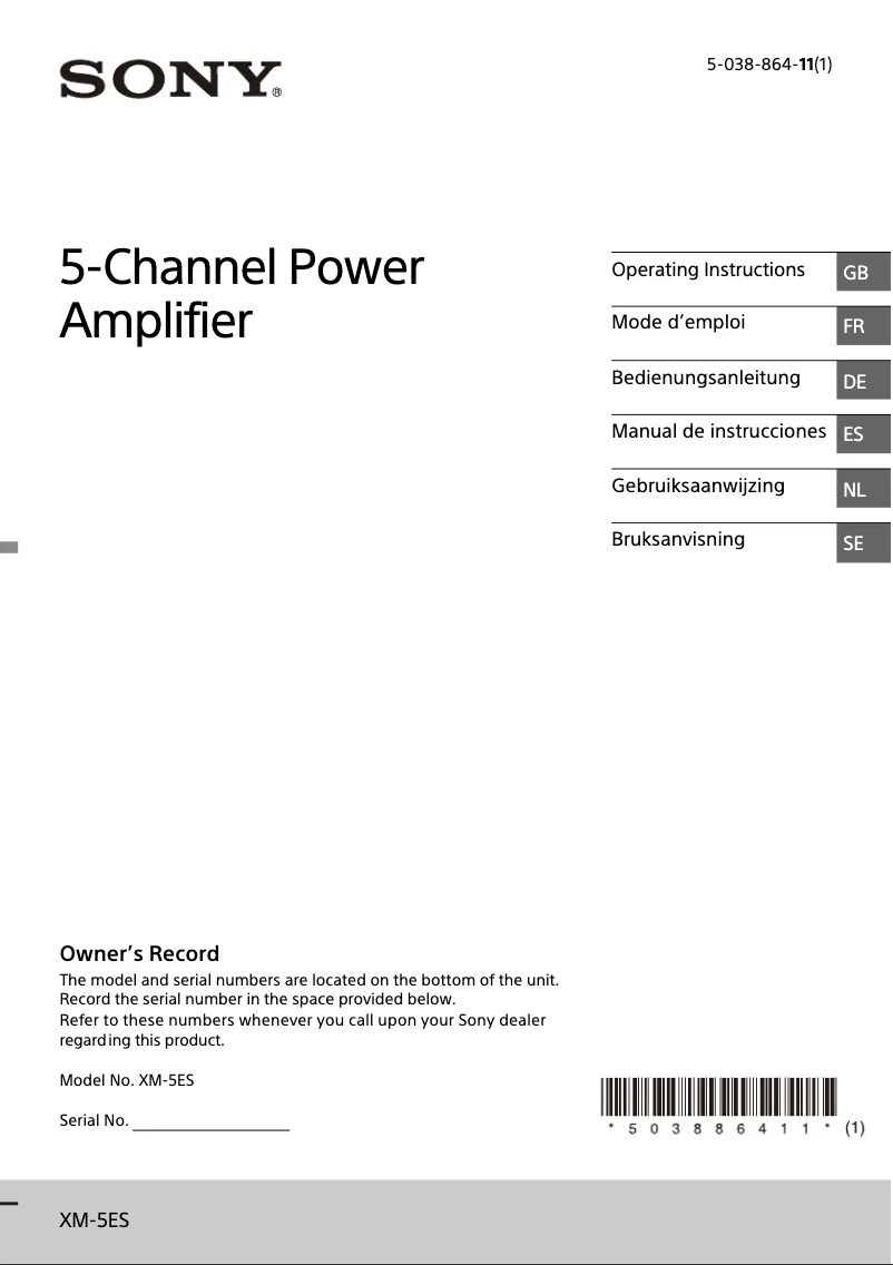 Page 1 de la notice Manuel utilisateur Sony XM-5ES