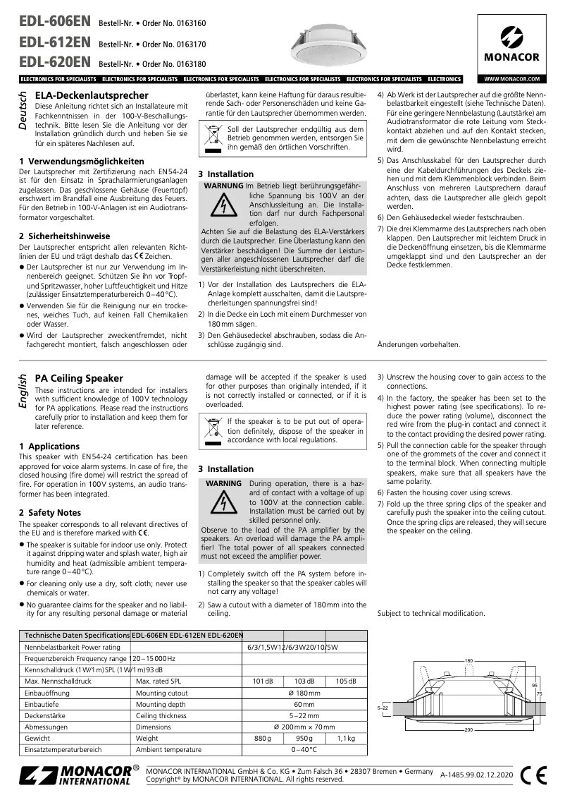 Page n°1 - Manuel utilisateur Monacor EDL-620EN