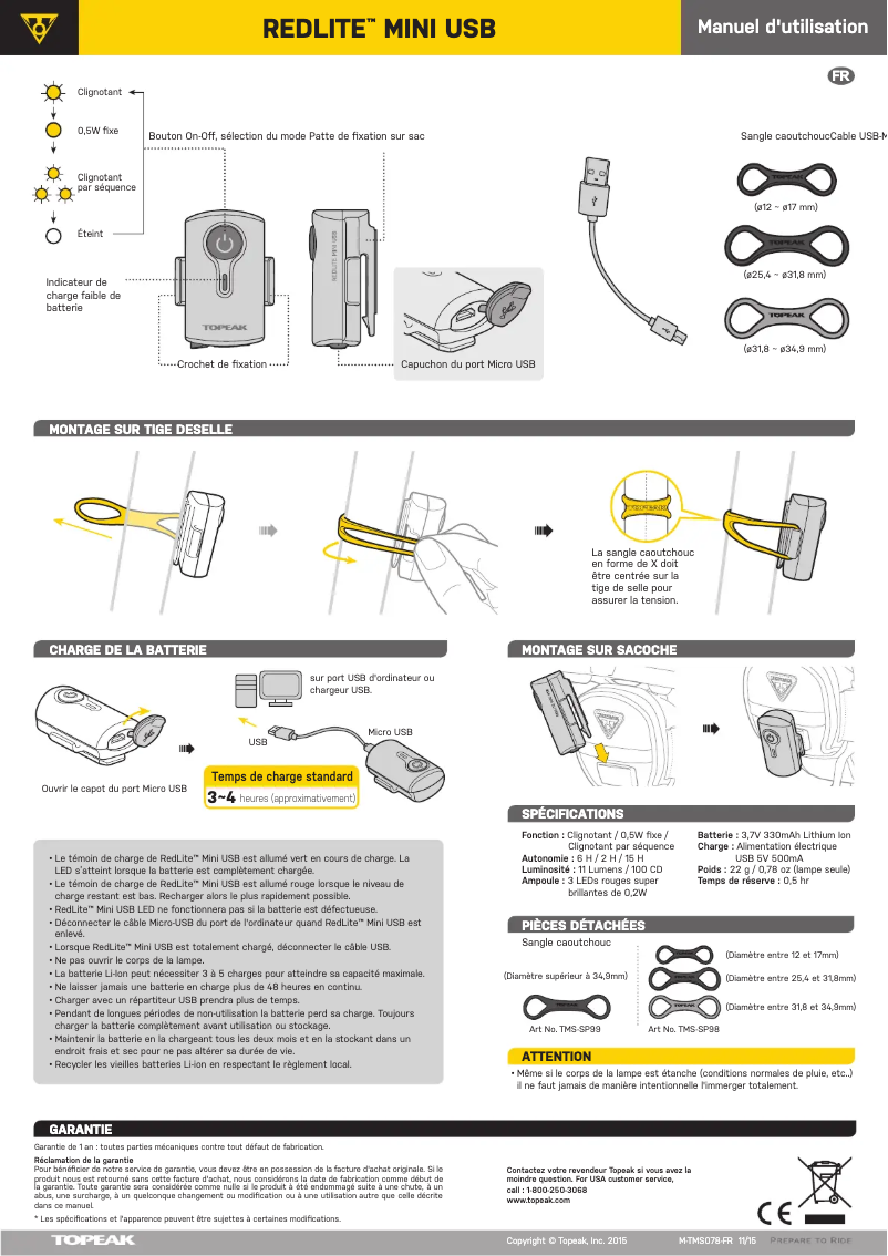 Page 1 de la notice Manuel utilisateur Topeak RedLite Mini USB