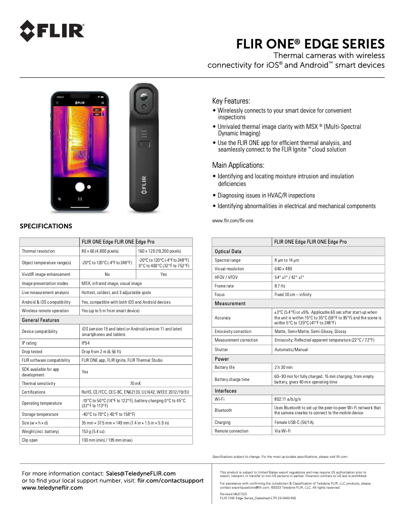 Page 1 de la notice Fiche technique FLIR ONE Edge