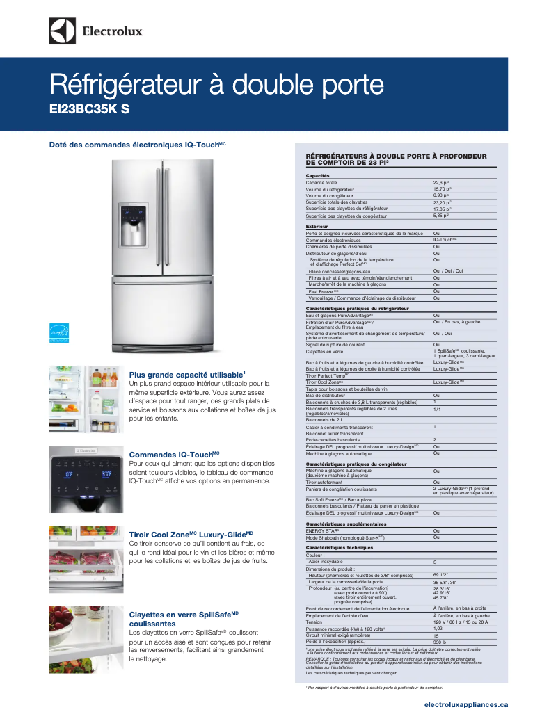 Page 1 de la notice Fiche technique Electrolux EI23BC35KB