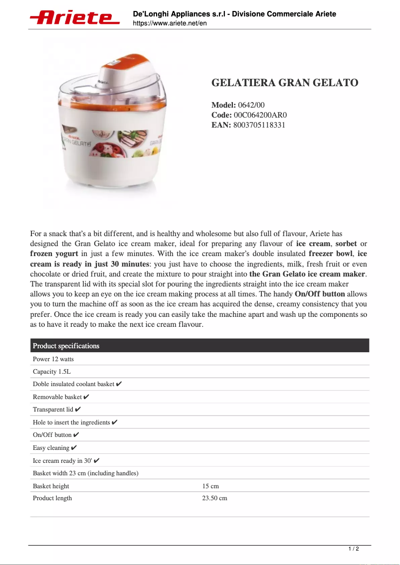 Page 1 de la notice Fiche technique Ariete Gran Gelato 0642
