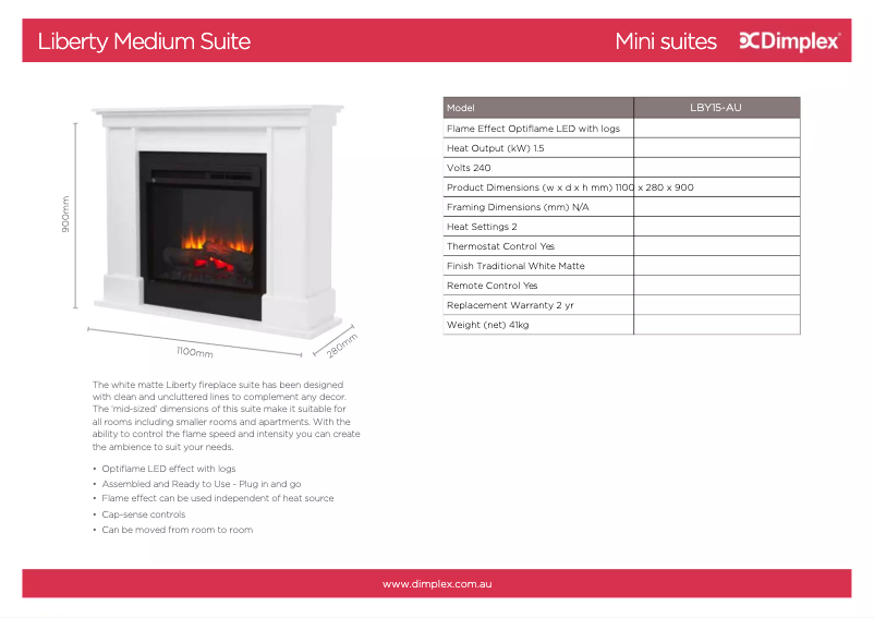 Page 1 de la notice Fiche technique Dimplex Liberty LBY15-AU