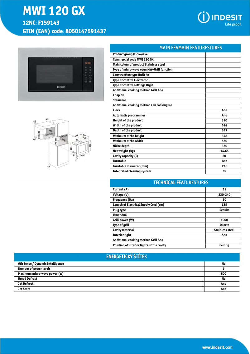 Page 1 de la notice Fiche technique Indesit MWI 120 GX