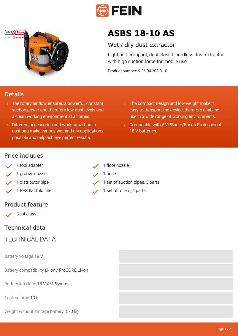 Page 1 de la notice Fiche technique Fein ASBS 18-10 AS