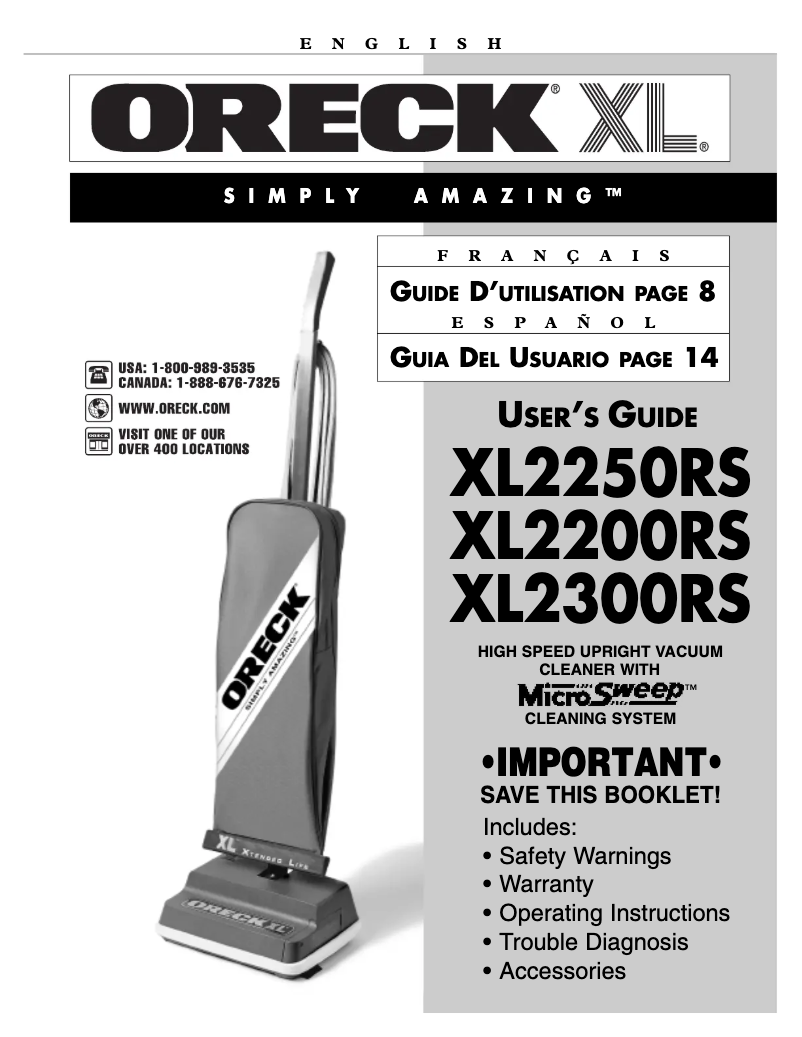Page n°1 - Manuel utilisateur Oreck XL2300RS