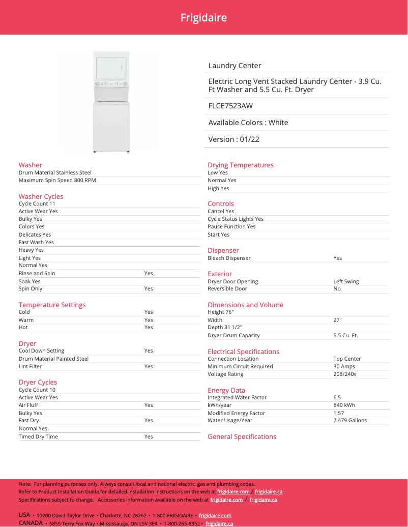 Page n°1 - Fiche technique Frigidaire FLCE7523AW