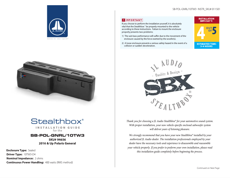 Page 1 de la notice Manuel utilisateur JL Audio Stealthbox SB-POL-GNRL/10TW3