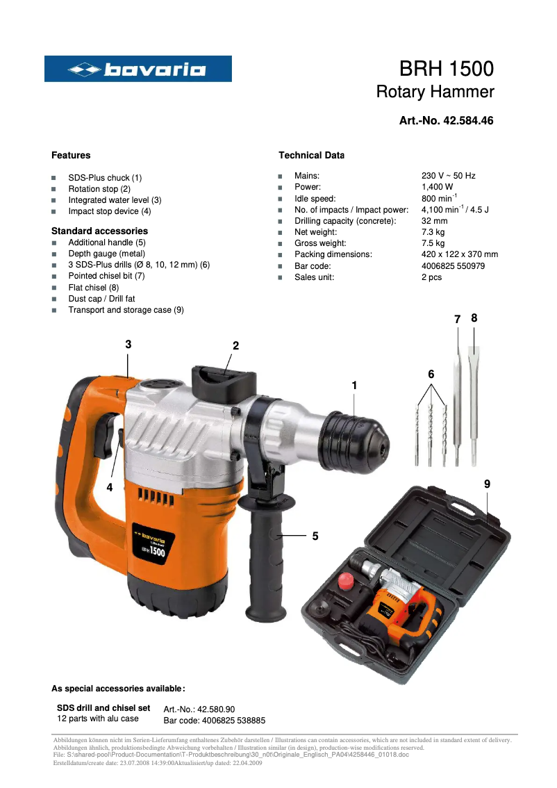 Page 1 de la notice Fiche technique Bavaria BRH 1500