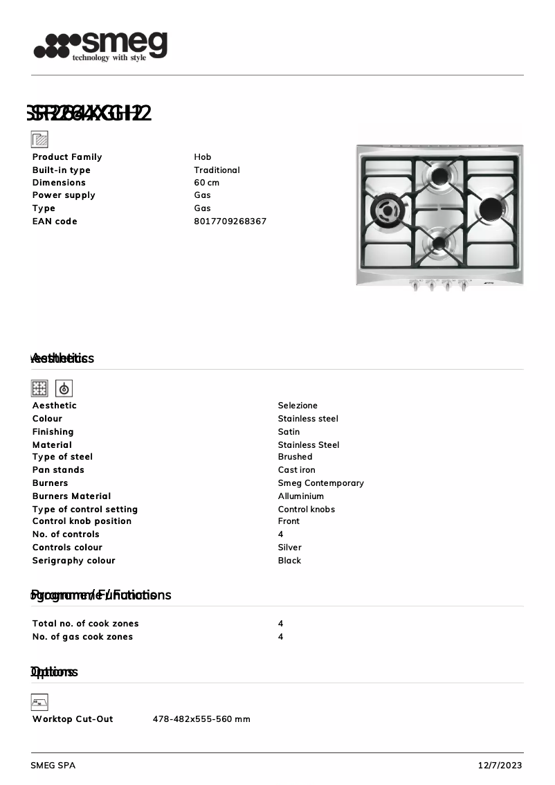 Page 1 de la notice Fiche technique Smeg SR264XGH2