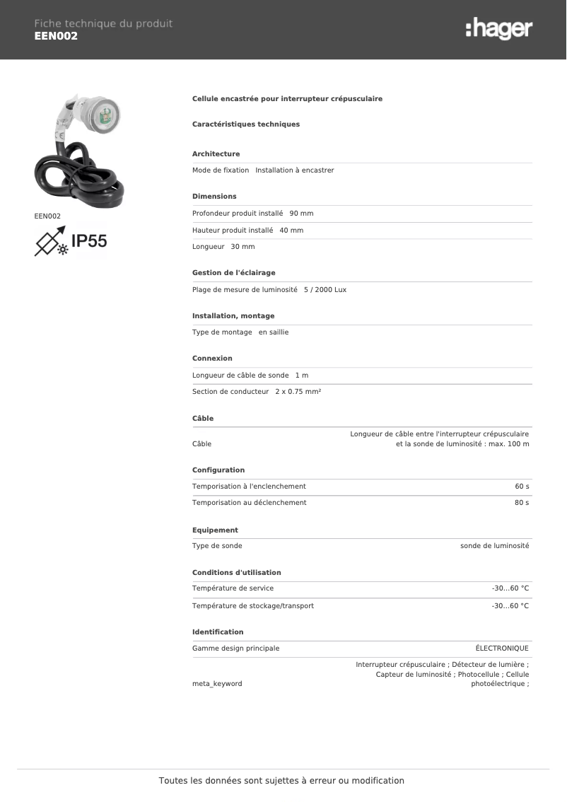 Page n°1 - Fiche technique Hager EEN002