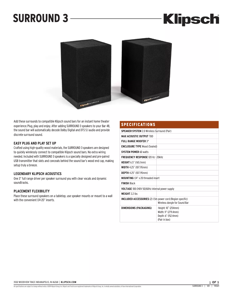 Page 1 de la notice Fiche technique Klipsch Surround 3