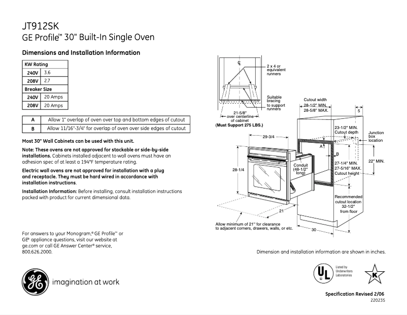 Page 1 de la notice Fiche technique GE Profile JT912SKSS