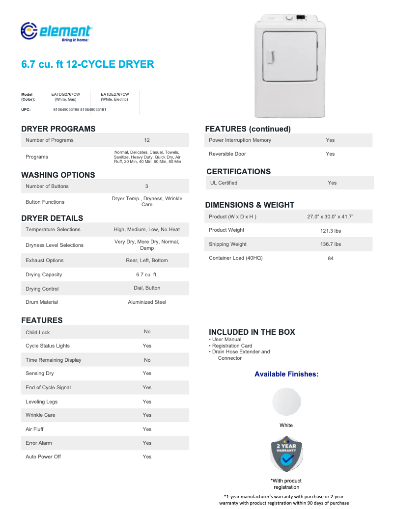 Page 1 de la notice Fiche technique Element EATDE2767CW
