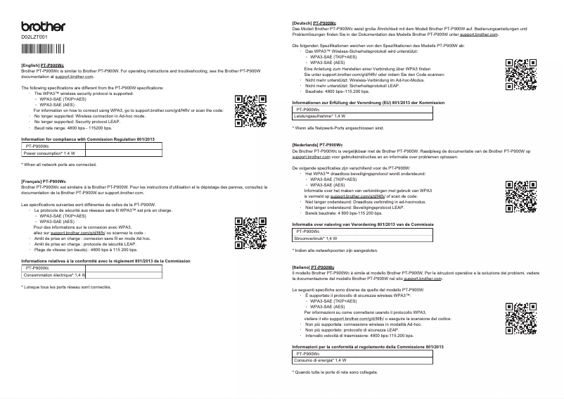 Page 1 de la notice Fiche technique Brother P-Touch PT-P900Wc