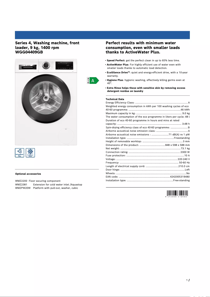 Image de la première page du manuel de l'appareil Serie 4 WGG04409GB