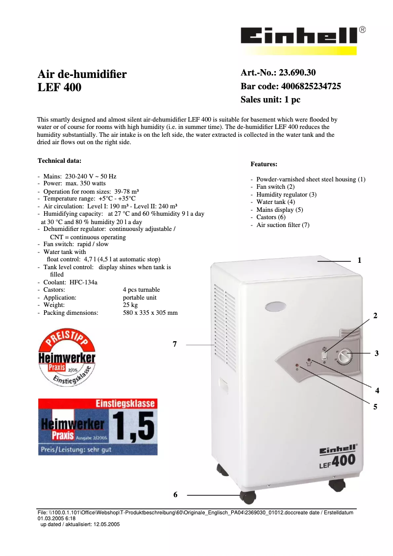 Image de la première page du manuel de l'appareil LEF 400