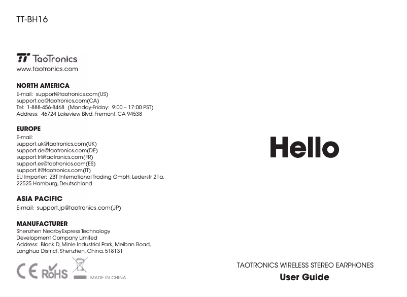 Page 1 de la notice Manuel utilisateur TaoTronics TT-BH16