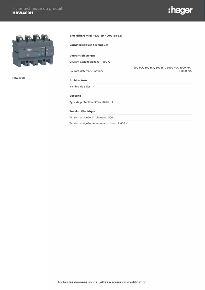 Image de la première page du manuel de l'appareil HBW400H