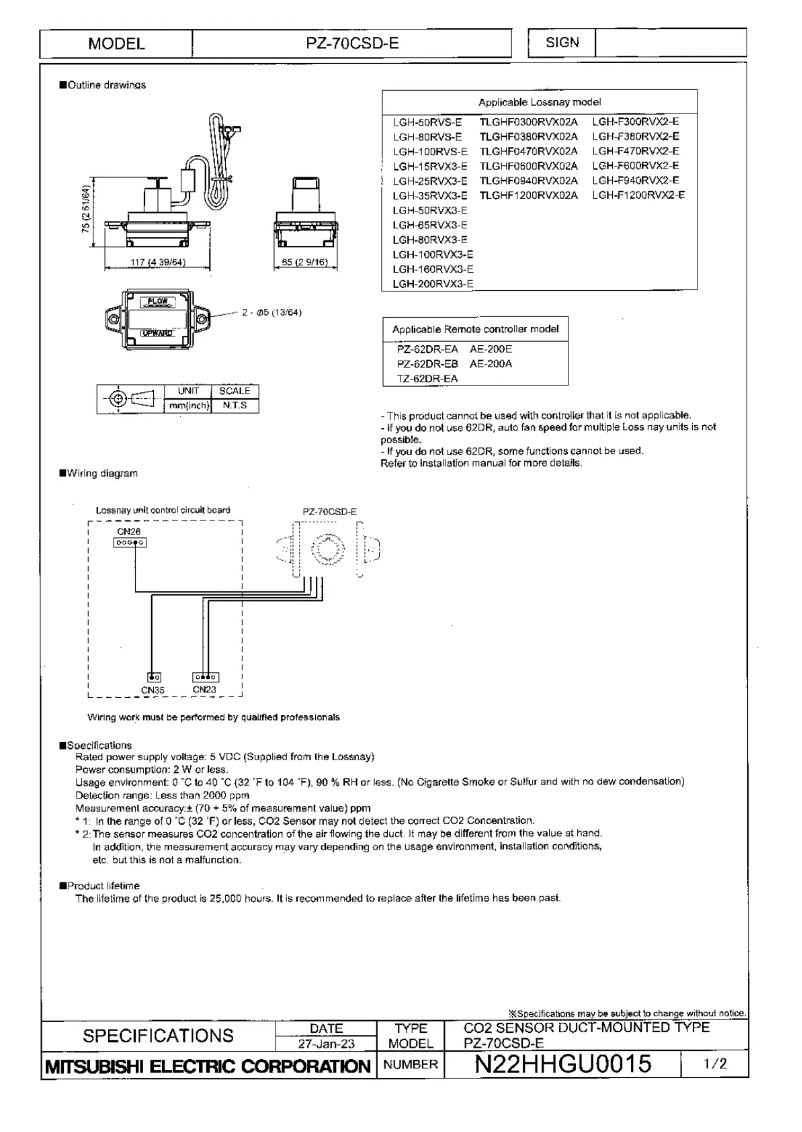 Page n°1 - Fiche technique Mitsubishi PZ-70CSD-E