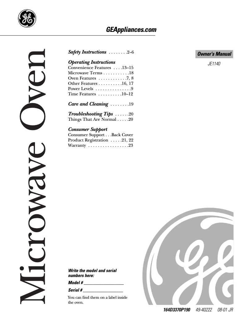 Page n°1 - Manuel utilisateur GE JE1140BD