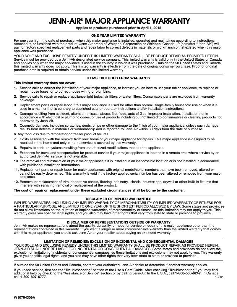 Page n°1 - Informations de garantie JennAir JMC1116AW