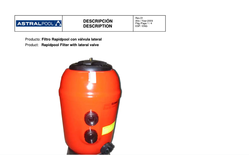 Page 1 de la notice Fiche technique AstralPool Rapidpool