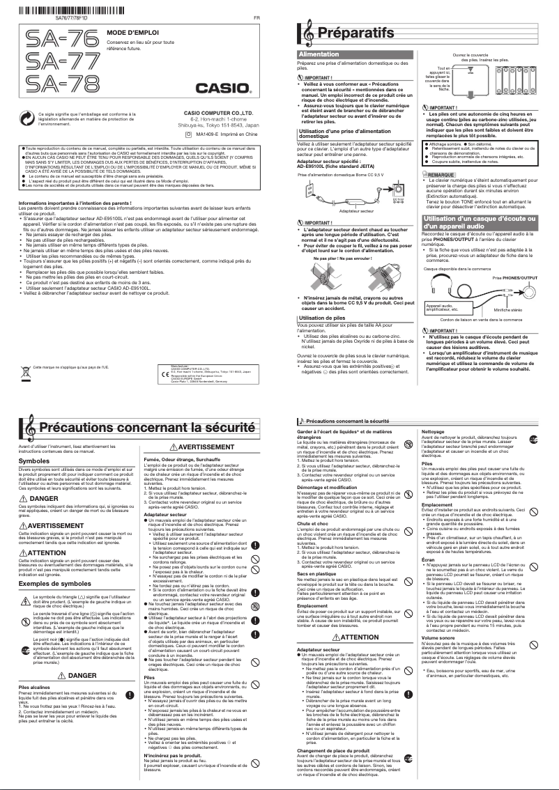 Page n°1 - Manuel utilisateur Casio SA-77