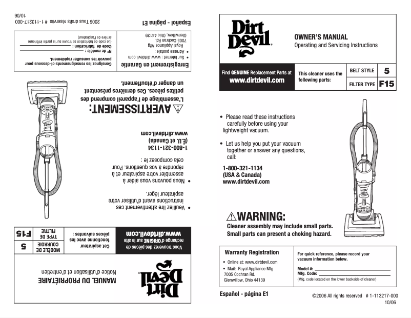 Page 1 de la notice Manuel utilisateur Dirt Devil Extreme Quick M084505