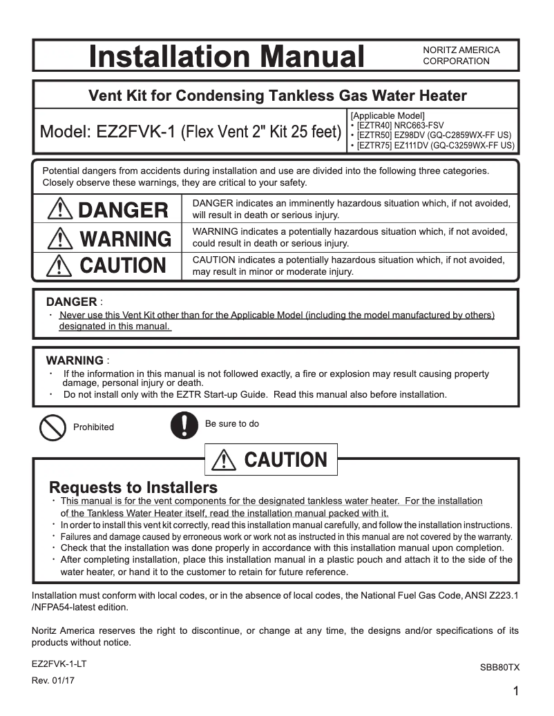 Page 1 de la notice Manuel utilisateur Noritz EZ2FVK-1