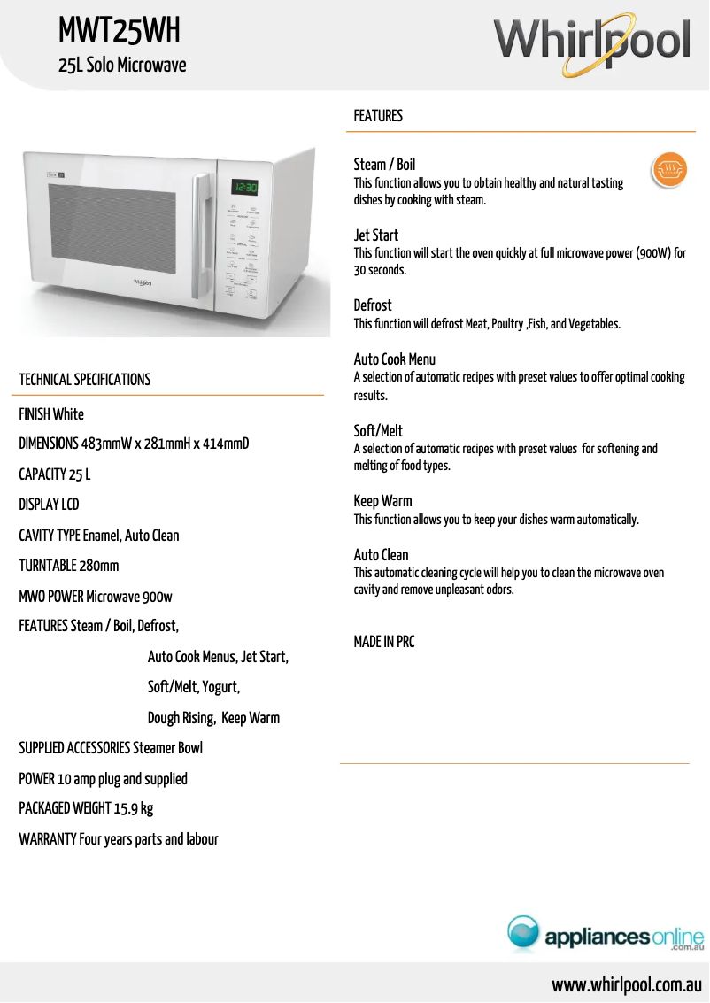 Página 1 del manual Ficha técnica Whirlpool MWT25WH