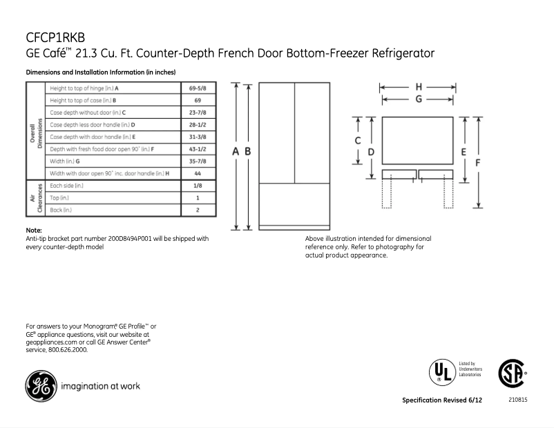Page 1 de la notice Fiche technique GE Café CFCP1RKBSS