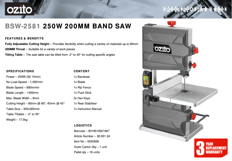Page 1 de la notice Fiche technique Ozito BSW-2581