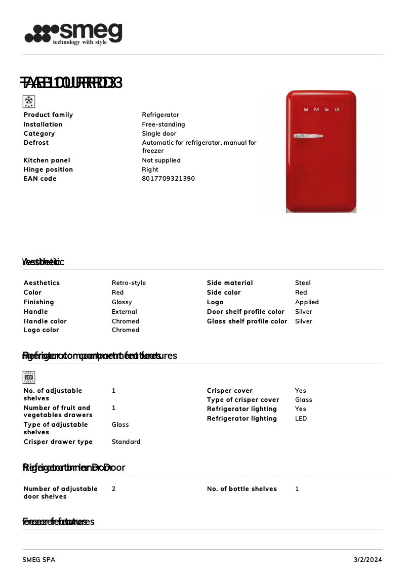 Page 1 de la notice Fiche technique Smeg FAB10URRD3