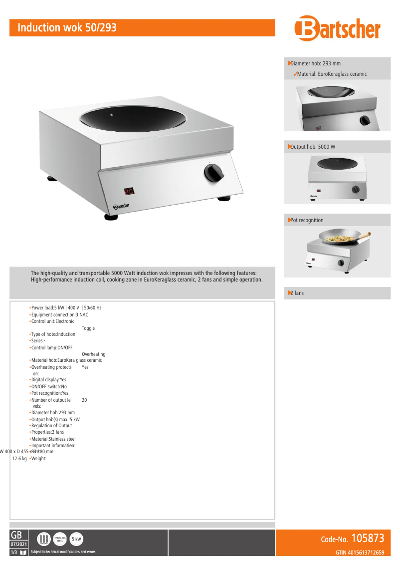 Page 1 de la notice Fiche technique Bartscher 105873