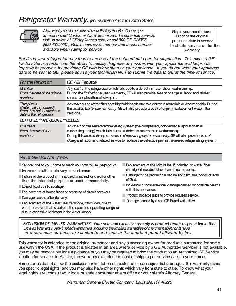 Page n°1 - Informations de garantie GE GDE21ESKSS